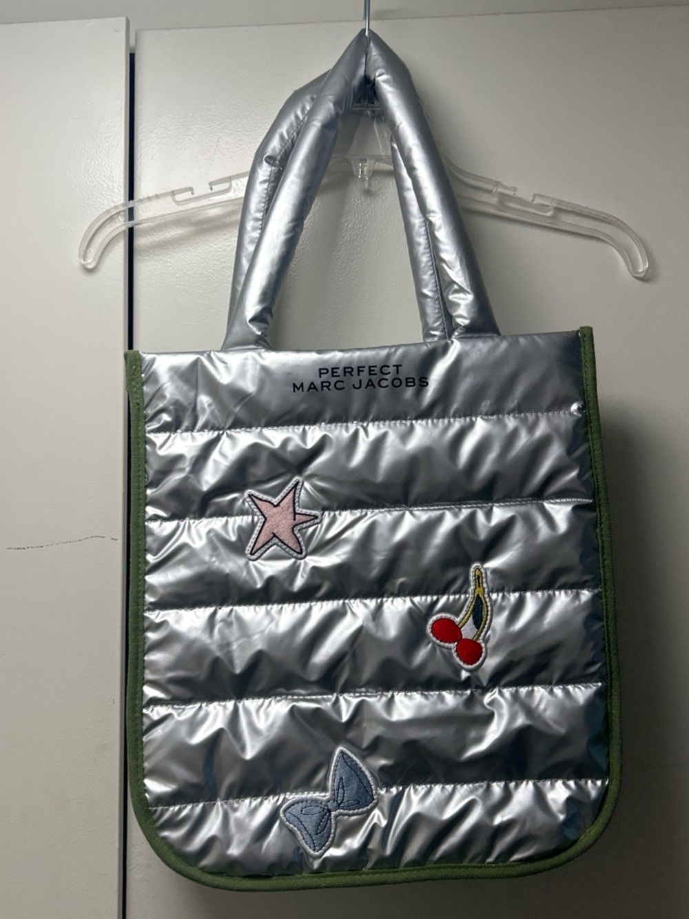 Marc Jacobs Silver Quilted Tote with Green Trim and Patch Accents